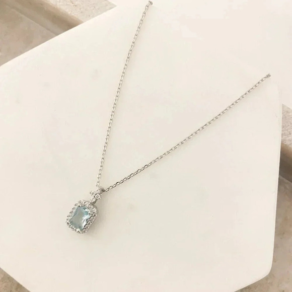 925 Sterling Silver Aquamarine Pendant Necklace Dainty CZ Diamond Necklace - Picture 7 of 9